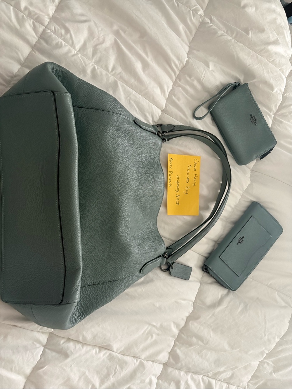 Coach Pebble Leather Shoulder Bag with Matching Wallets - Teal Green